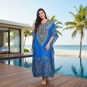 Plus Size Women Blue Paisley Printed Kaftan Maxi Loose Dresses by Gypsie Blu